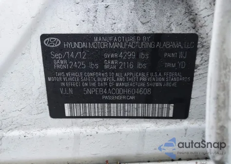 2013 Hyundai Sonata Gls из США, поврежденный, VIN 5NPEB4AC0DH604608